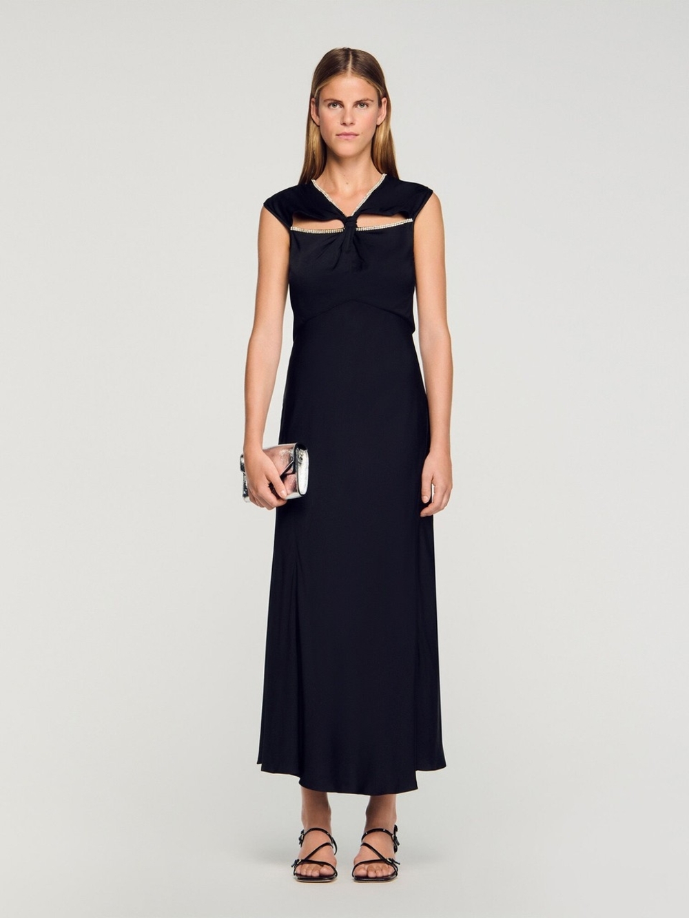 Sandro Satin Maxi Dress W Rhinestones - FR SZ 34 NWT